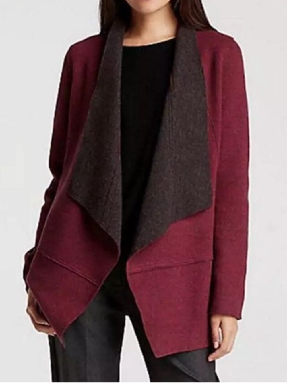 Eileen Fisher Passion Flower Moto Long Jacket Merino Wool Cardigan Sweater Red
